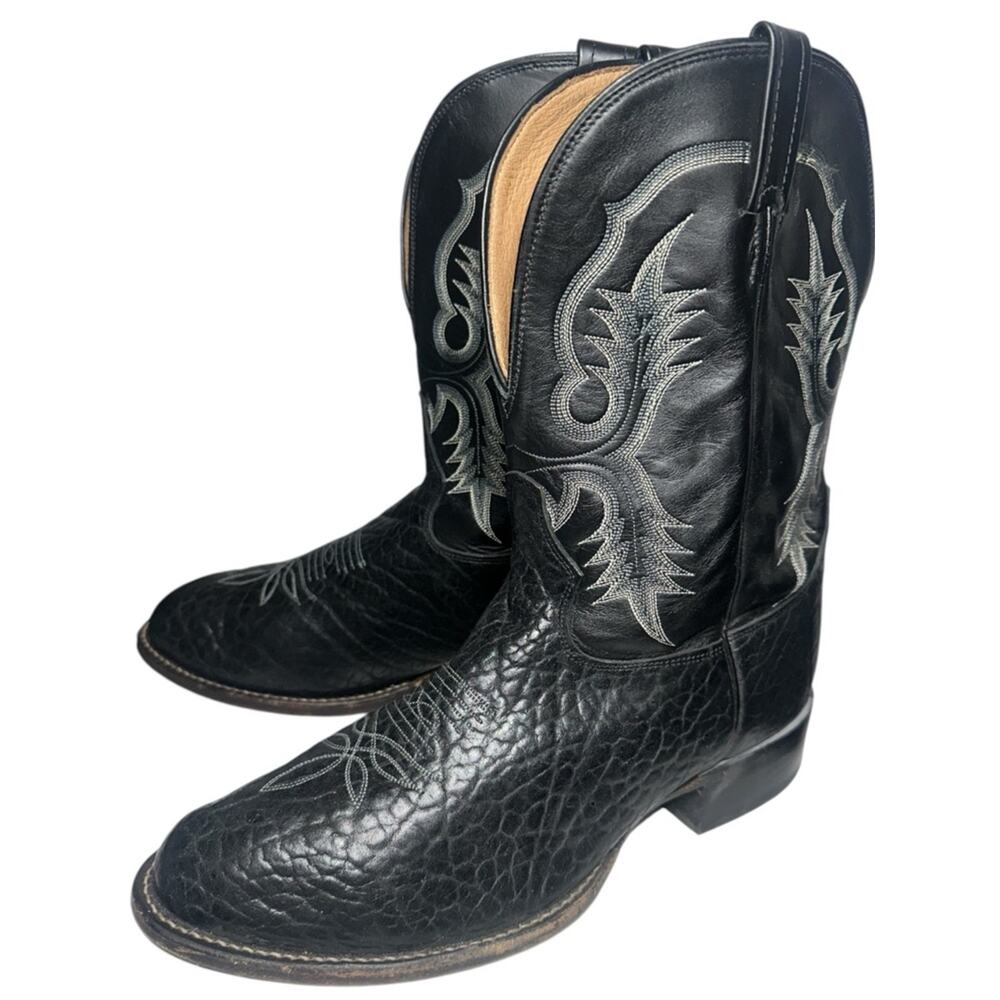 Tony Lama Men's Size 12 Black Leather Western Cowboy Boots with Silver Stitching